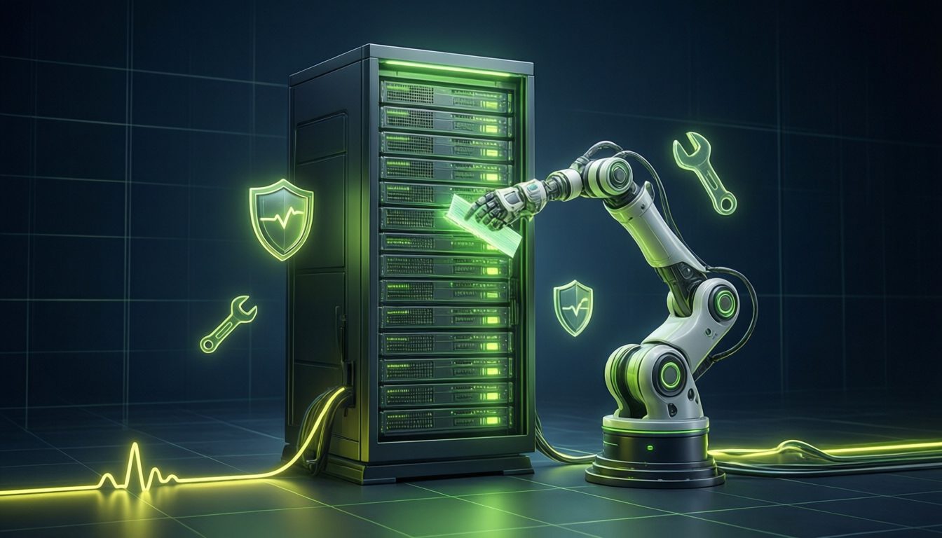 Illustration: ruhig laufendes Server-Rack, das gepflegt und bewacht wird