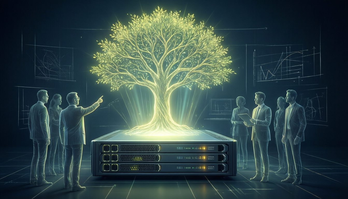 Illustration: Menschen lernen gemeinsam an einem kompakten KI-Server