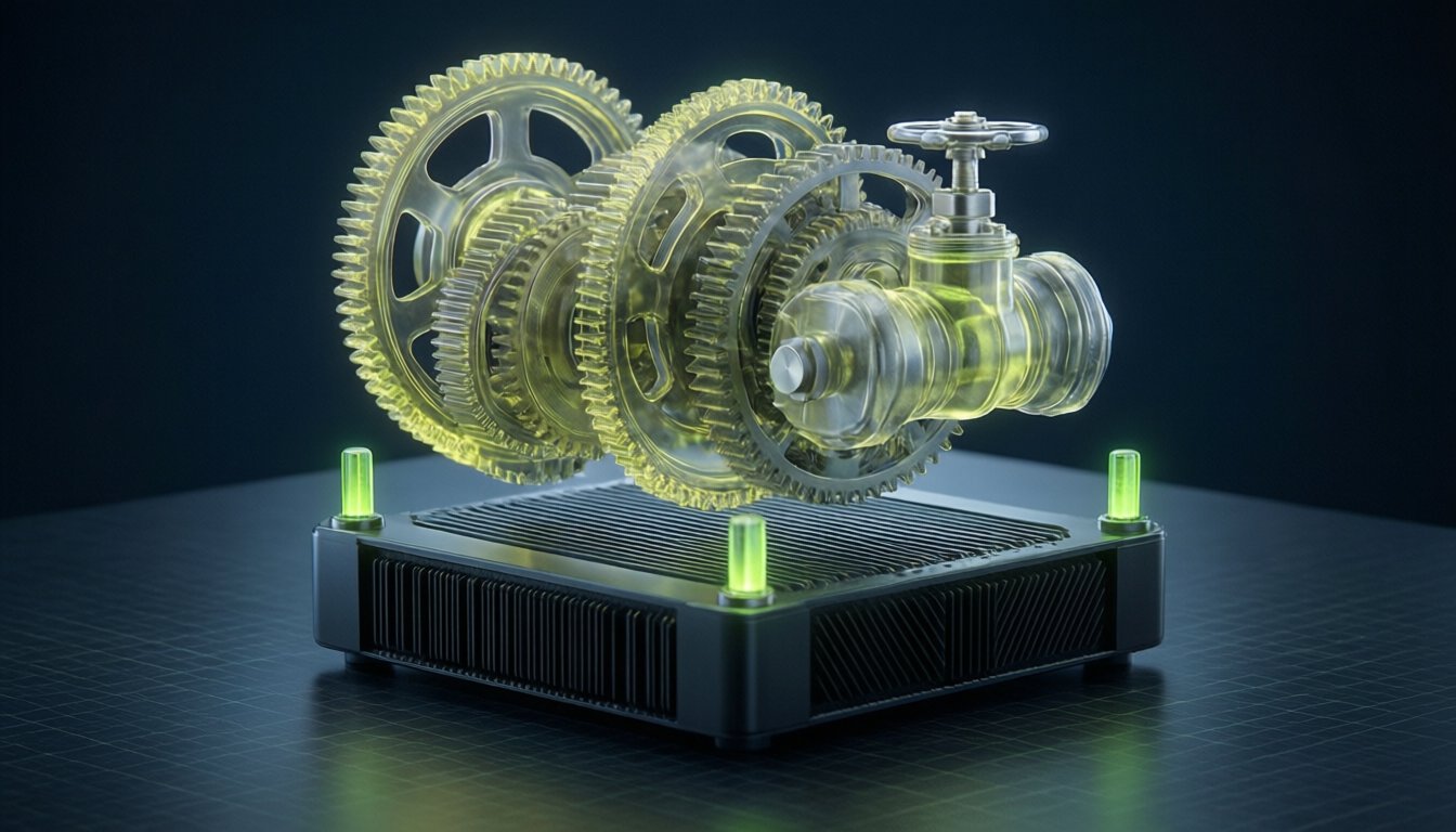 Große transparente Mechanik schwebt justierbar über einem kompakten Mini-Rechner